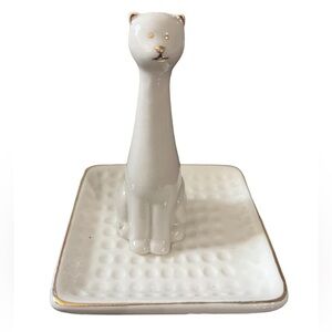 Whimsical Kitty Cat Trinket Tray White Ceramic Gold Accented‎